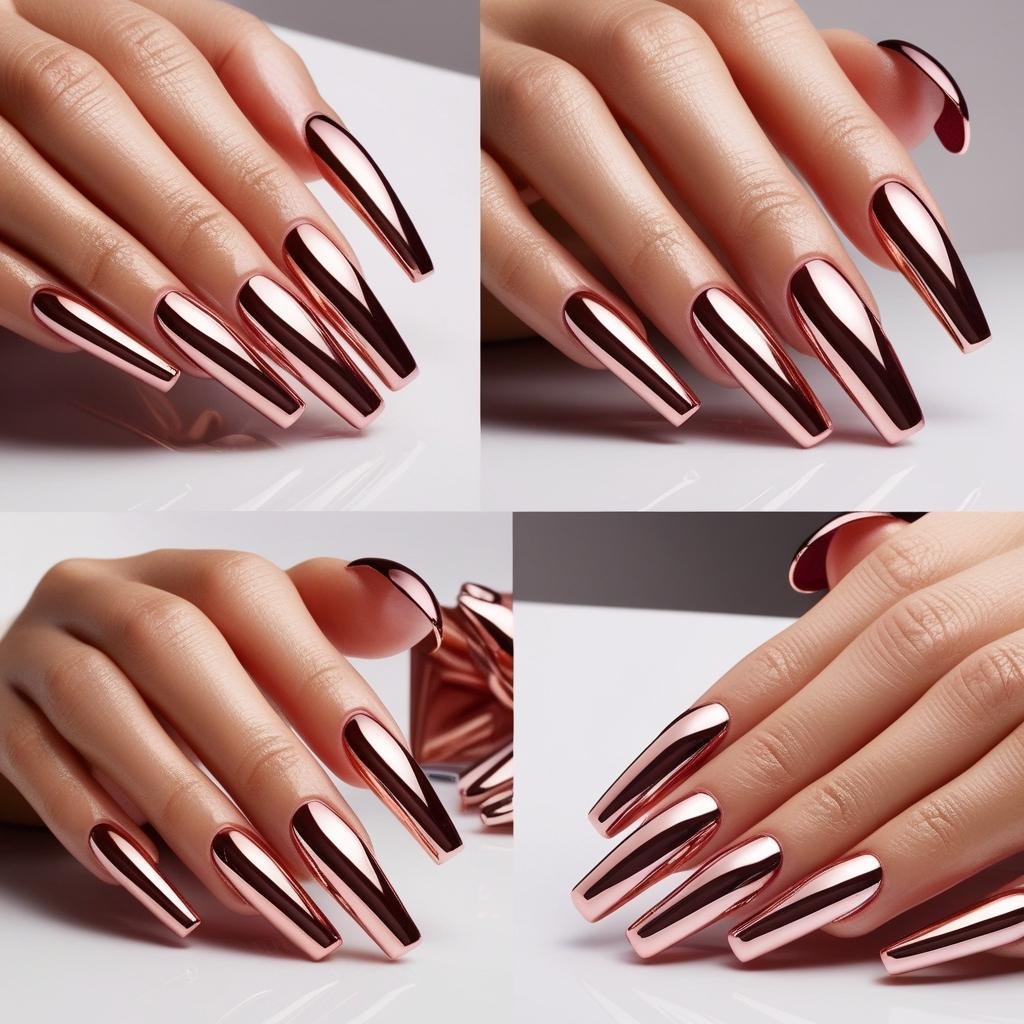 Chrome Rose Gold Nails design in different angles, February Nail Ideas for Valentine’s Day 2025, Nail Ideas for Valentine’s Day 2025