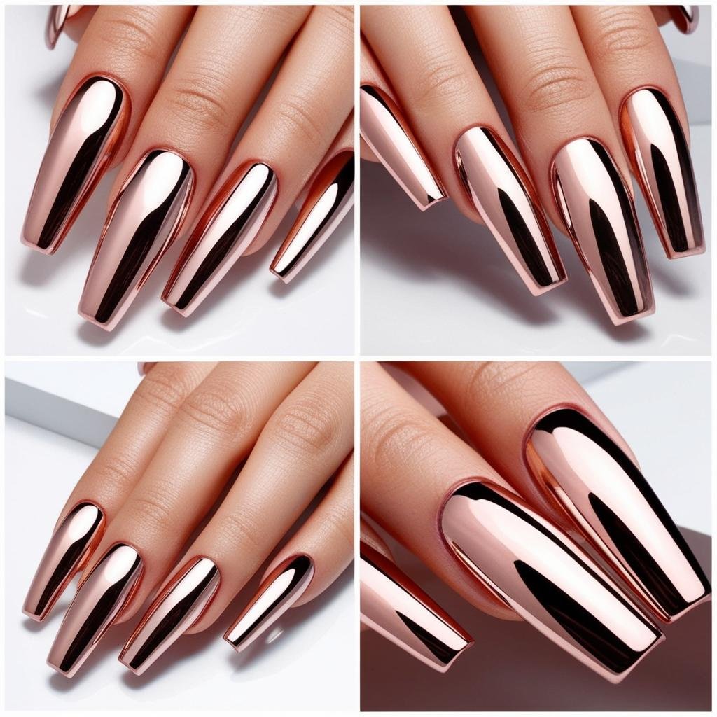 Chrome Rose Gold Nails design in different angles, February Nail Ideas for Valentine’s Day 2025, Nail Ideas for Valentine’s Day 2025