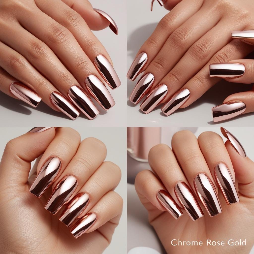 Chrome Rose Gold Nails design in different angles, February Nail Ideas for Valentine’s Day 2025, Nail Ideas for Valentine’s Day 2025