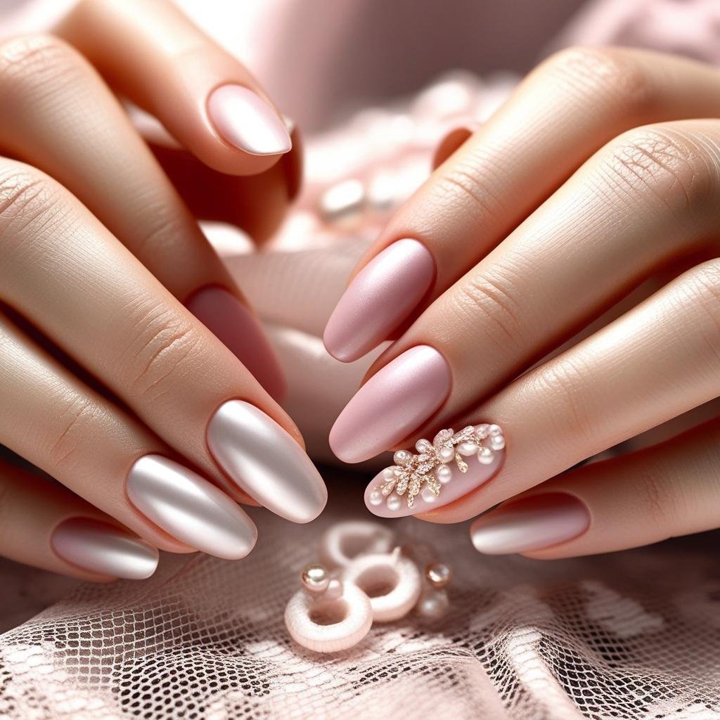 Pearl-Embellished Soft Pink Nails nail art design for Valentines day theme, February Nail Ideas for Valentine’s Day 2025, Nail Ideas for Valentine’s Day 2025