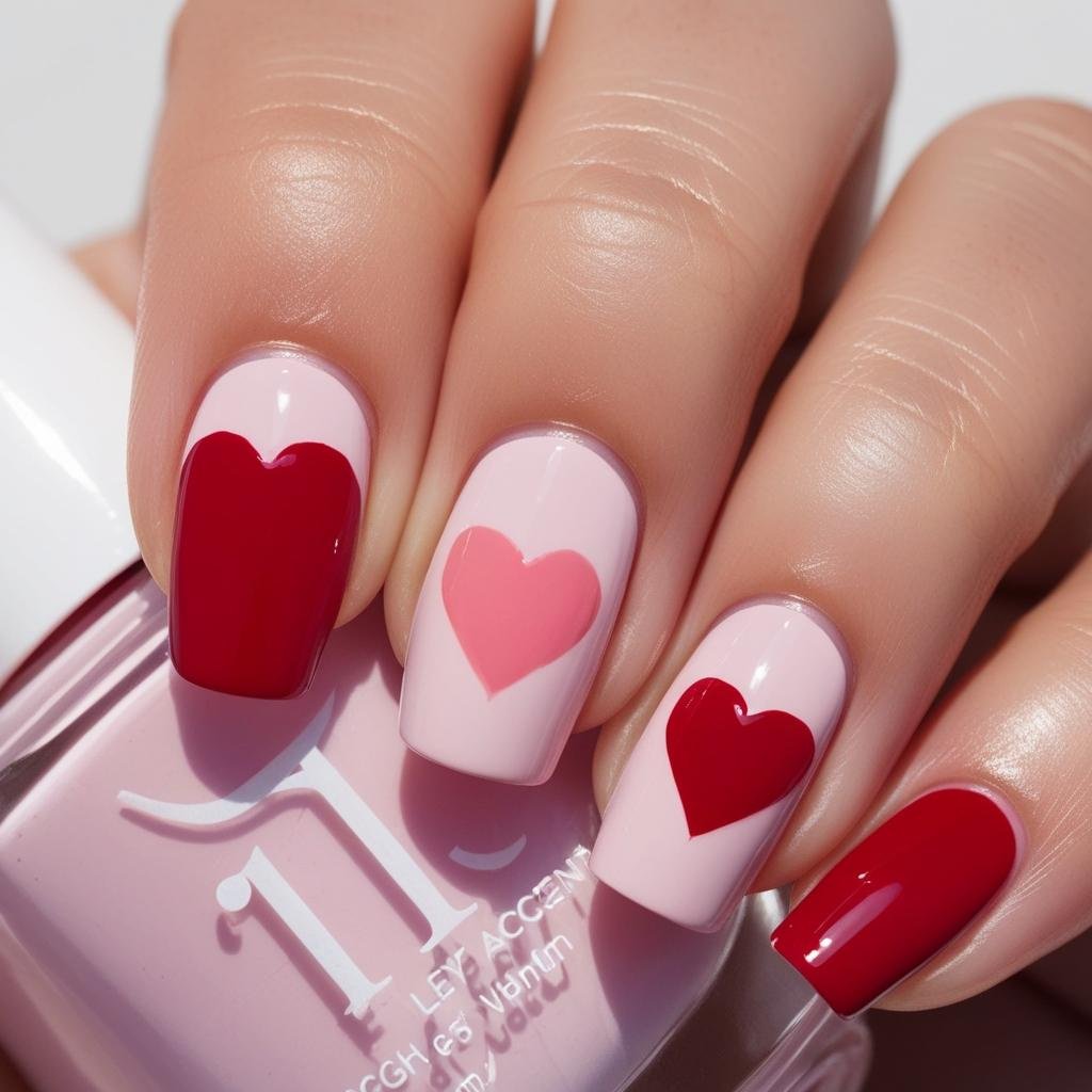 Heart-Accent Nail Art in 1024x1024 ratio, February Nail Ideas for Valentine’s Day 2025, Nail Ideas for Valentine’s Day 2025