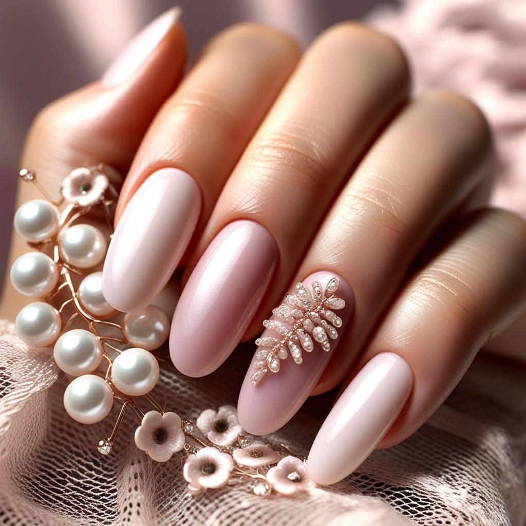 Pearl-Embellished Soft Pink Nails nail art design for Valentines day theme, February Nail Ideas for Valentine’s Day 2025, Nail Ideas for Valentine’s Day 2025