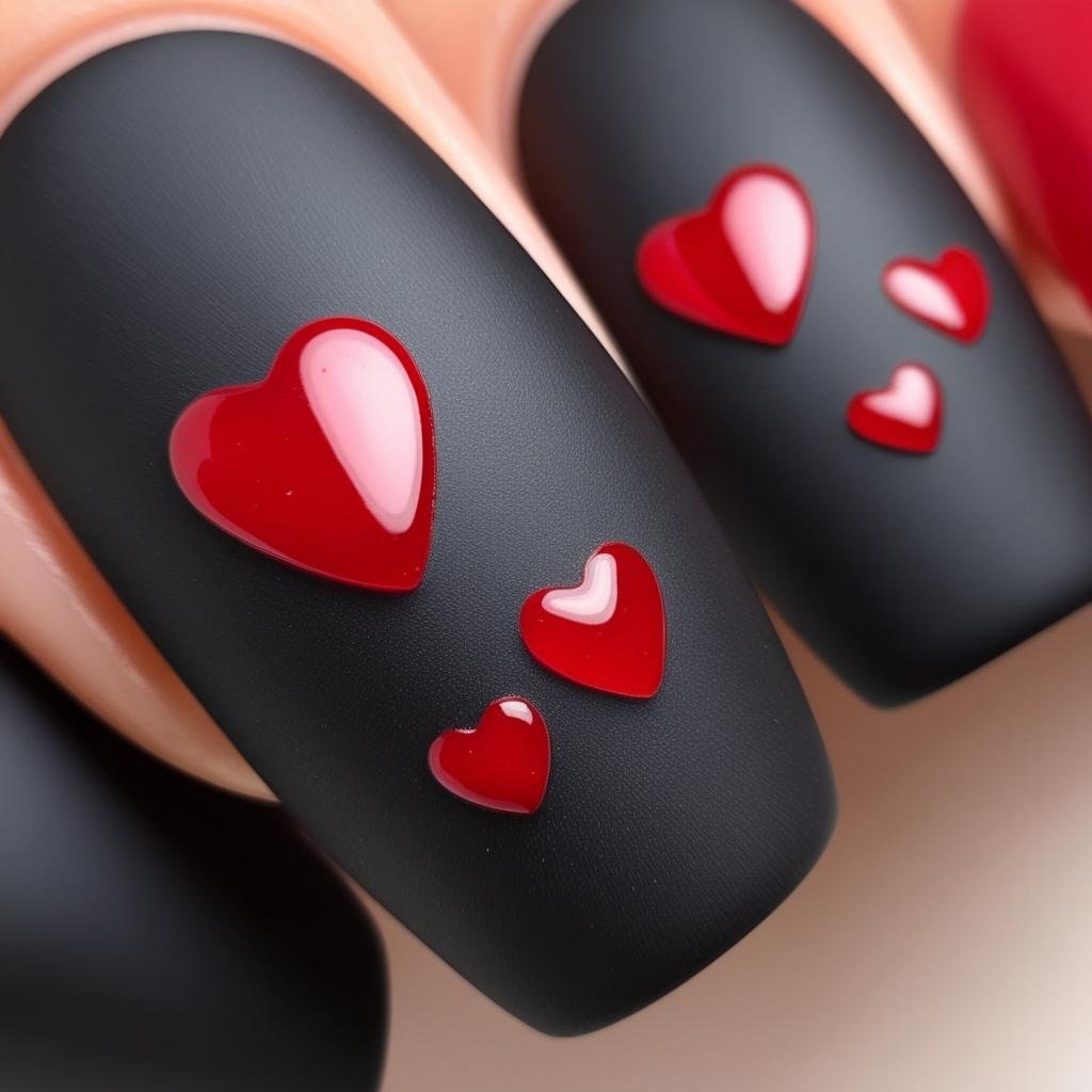 Matte Black with Red Accents Valentines Day nail design (1), February Nail Ideas for Valentine’s Day 2025, Nail Ideas for Valentine’s Day 2025