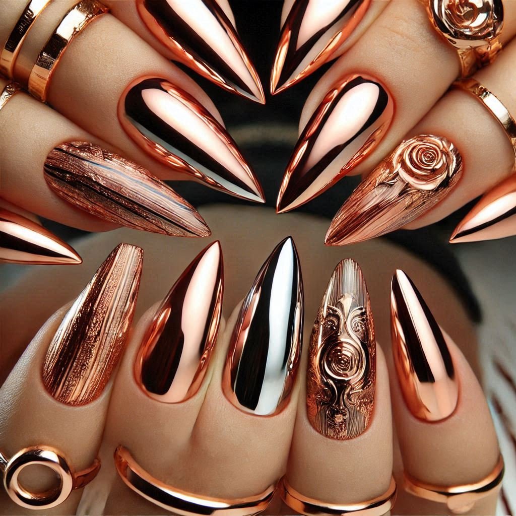 Chrome Rose Gold Nails design in different angles, February Nail Ideas for Valentine’s Day 2025, Nail Ideas for Valentine’s Day 2025