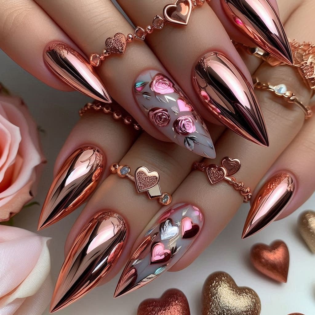 Chrome Rose Gold Nails design in different angles, February Nail Ideas for Valentine’s Day 2025, Nail Ideas for Valentine’s Day 2025