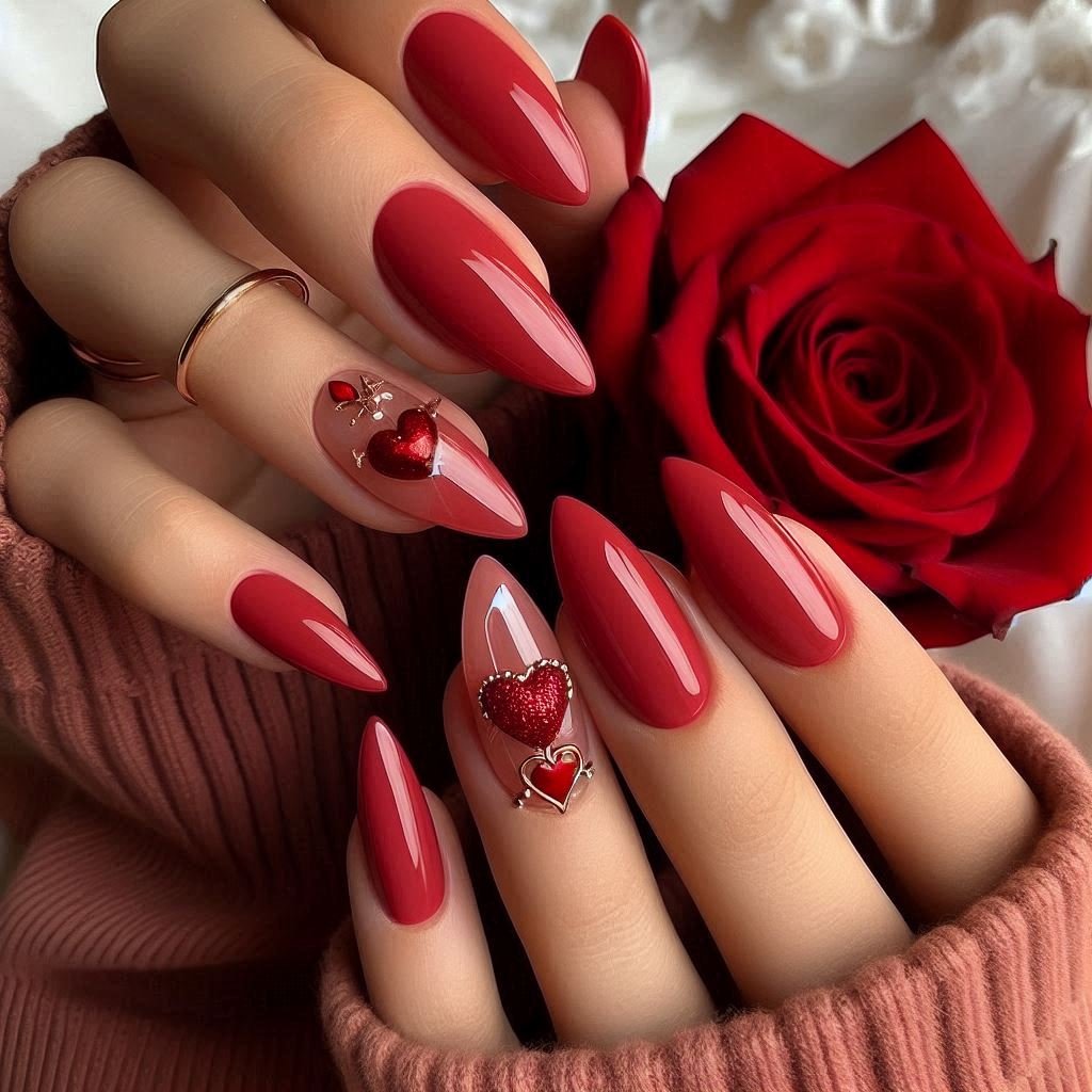 Classic Red Almond Nails Valentines theme