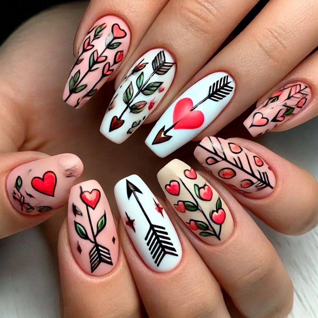 Cupids Arrow Nail Art design for Valentines day theme, February Nail Ideas for Valentine’s Day 2025, Nail Ideas for Valentine’s Day 2025