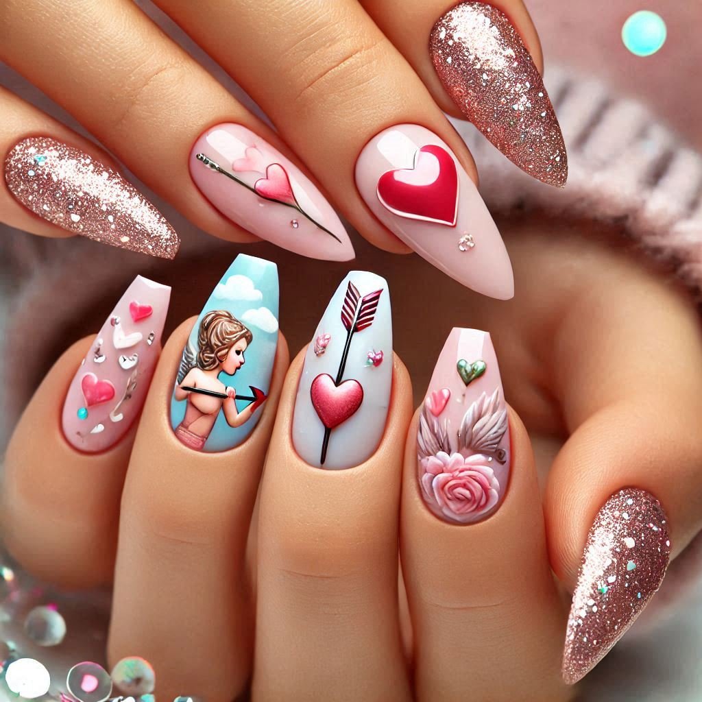 Cupids Arrow Nail Art design for Valentines day theme, February Nail Ideas for Valentine’s Day 2025, Nail Ideas for Valentine’s Day 2025