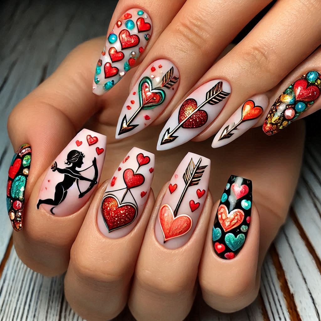Cupids Arrow Nail Art design for Valentines day theme, February Nail Ideas for Valentine’s Day 2025, Nail Ideas for Valentine’s Day 2025