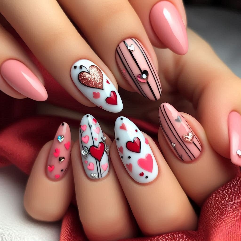 Heart-Accent Nail Art in 1024x1024 ratio, February Nail Ideas for Valentine’s Day 2025, Nail Ideas for Valentine’s Day 2025