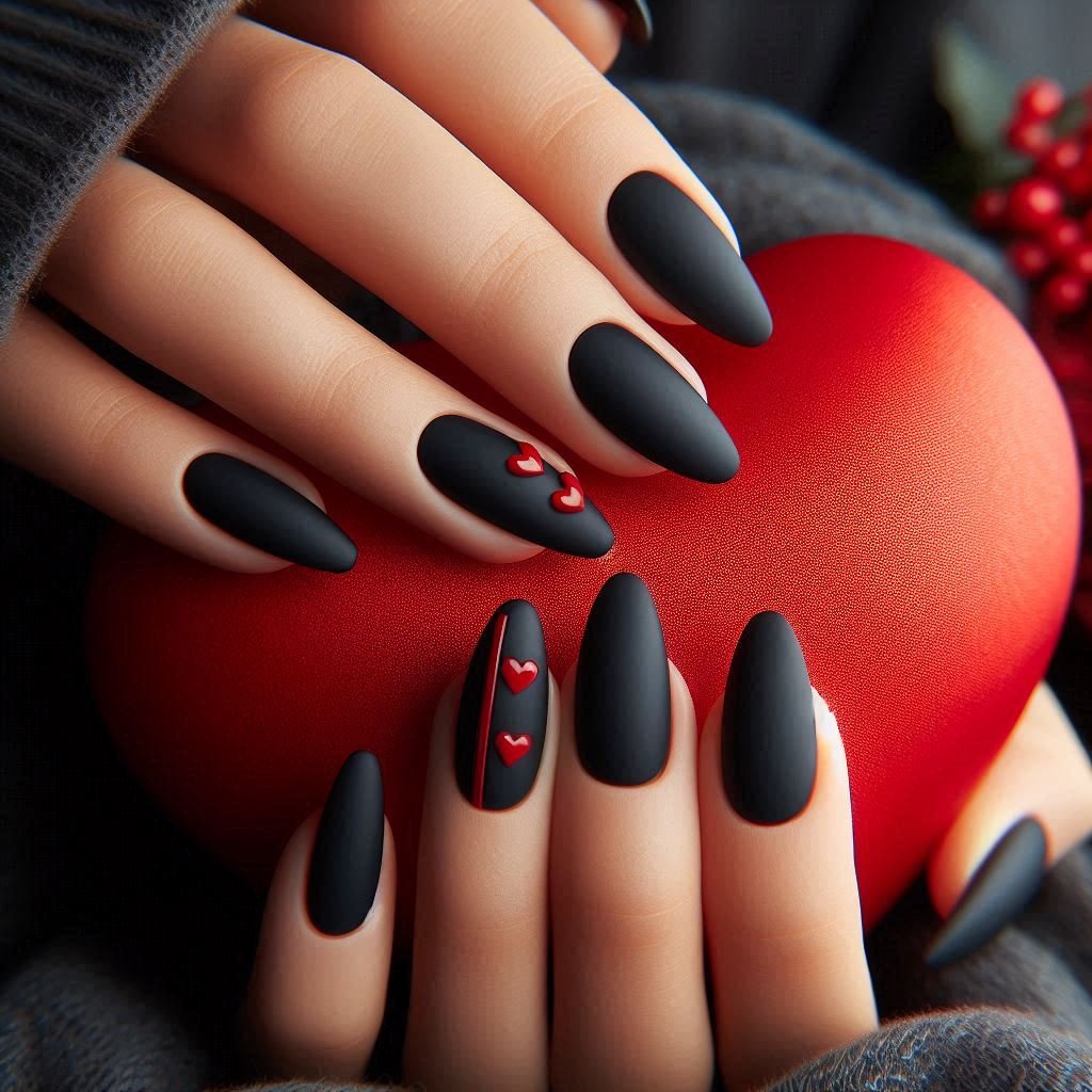 Matte Black with Red Accents Valentines Day nail design (1), February Nail Ideas for Valentine’s Day 2025, Nail Ideas for Valentine’s Day 2025