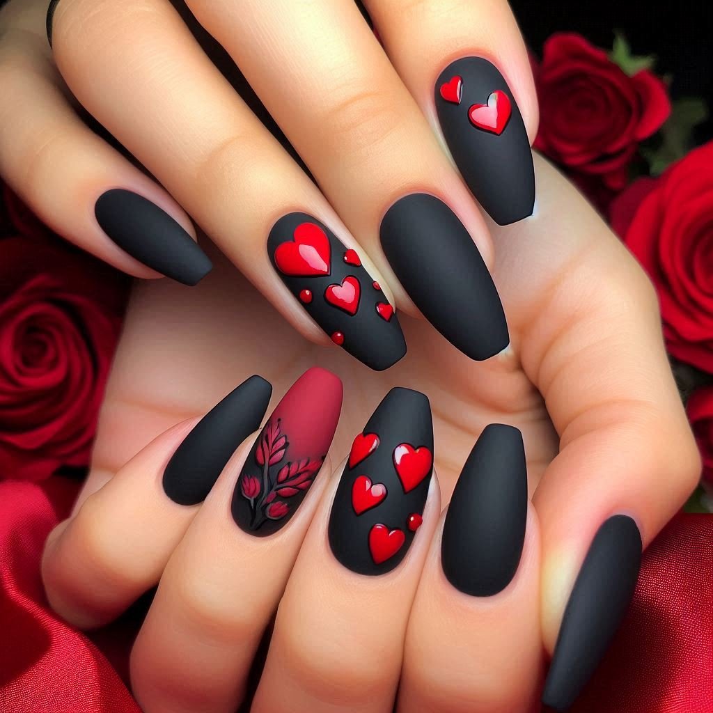 Matte Black with Red Accents Valentines Day nail design (1), February Nail Ideas for Valentine’s Day 2025, Nail Ideas for Valentine’s Day 2025