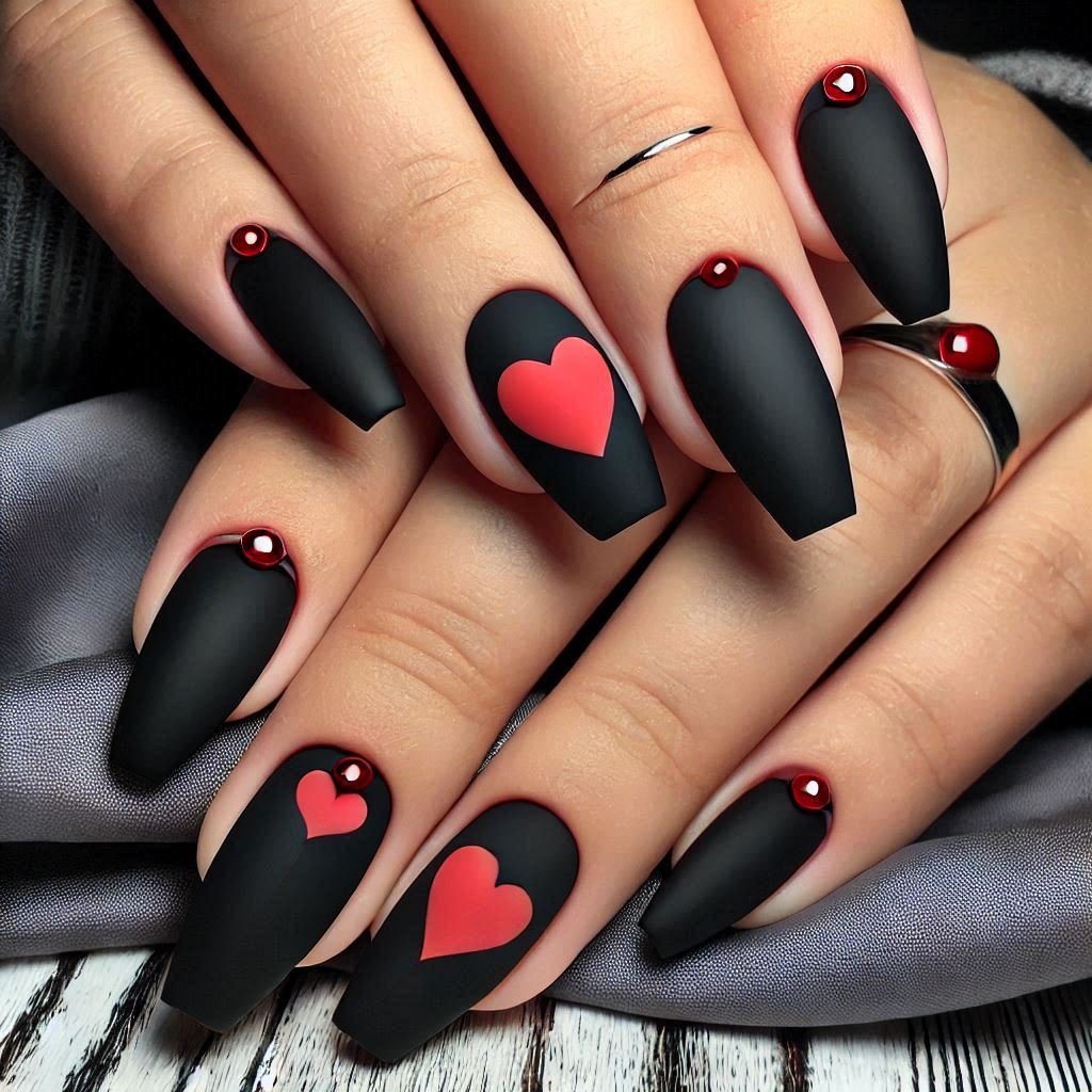 Matte Black with Red Accents Valentines Day nail design (1), February Nail Ideas for Valentine’s Day 2025, Nail Ideas for Valentine’s Day 2025