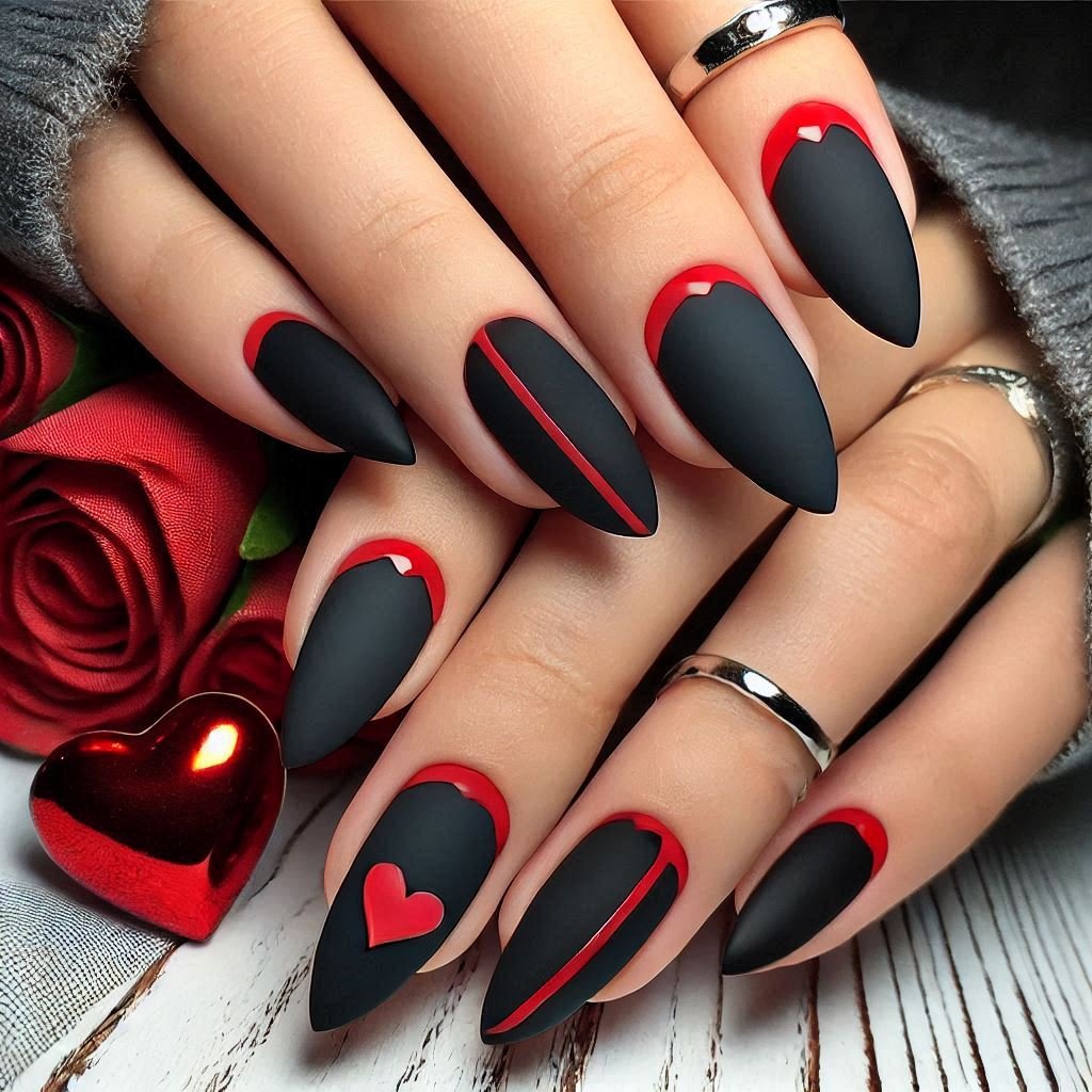 Matte Black with Red Accents Valentines Day nail design (1), February Nail Ideas for Valentine’s Day 2025, Nail Ideas for Valentine’s Day 2025