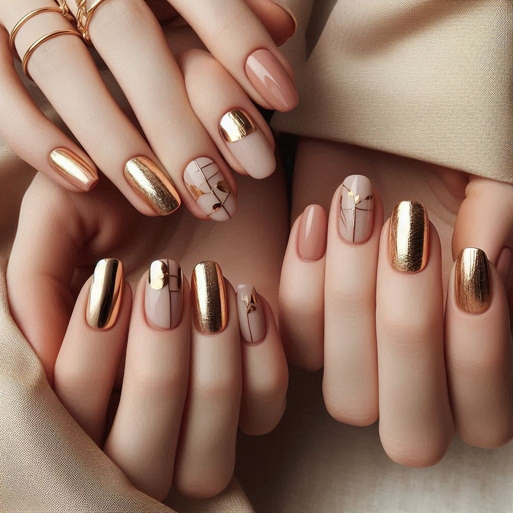 Minimalist Nude & Gold Foil Nails in different angles, February Nail Ideas for Valentine’s Day 2025, Nail Ideas for Valentine’s Day 2025