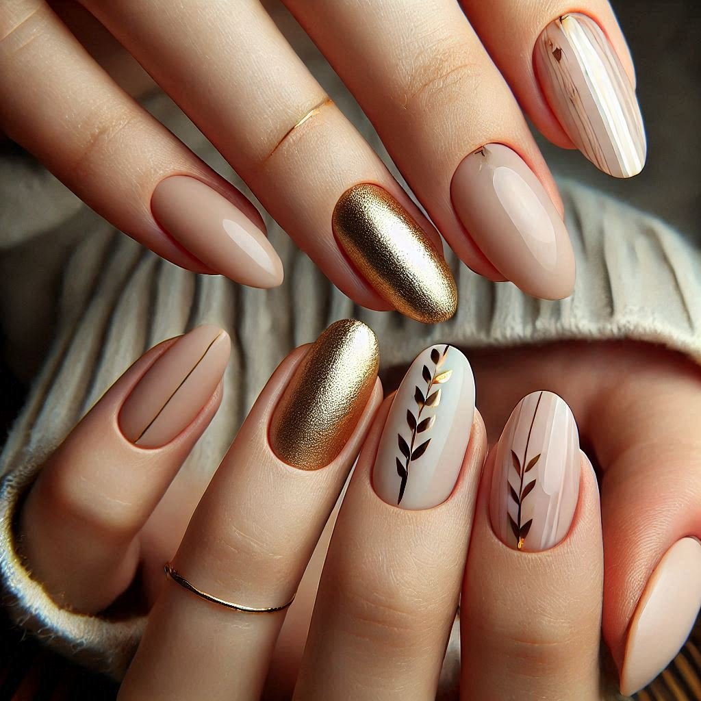 Minimalist Nude & Gold Foil Nails in different angles, February Nail Ideas for Valentine’s Day 2025, Nail Ideas for Valentine’s Day 2025