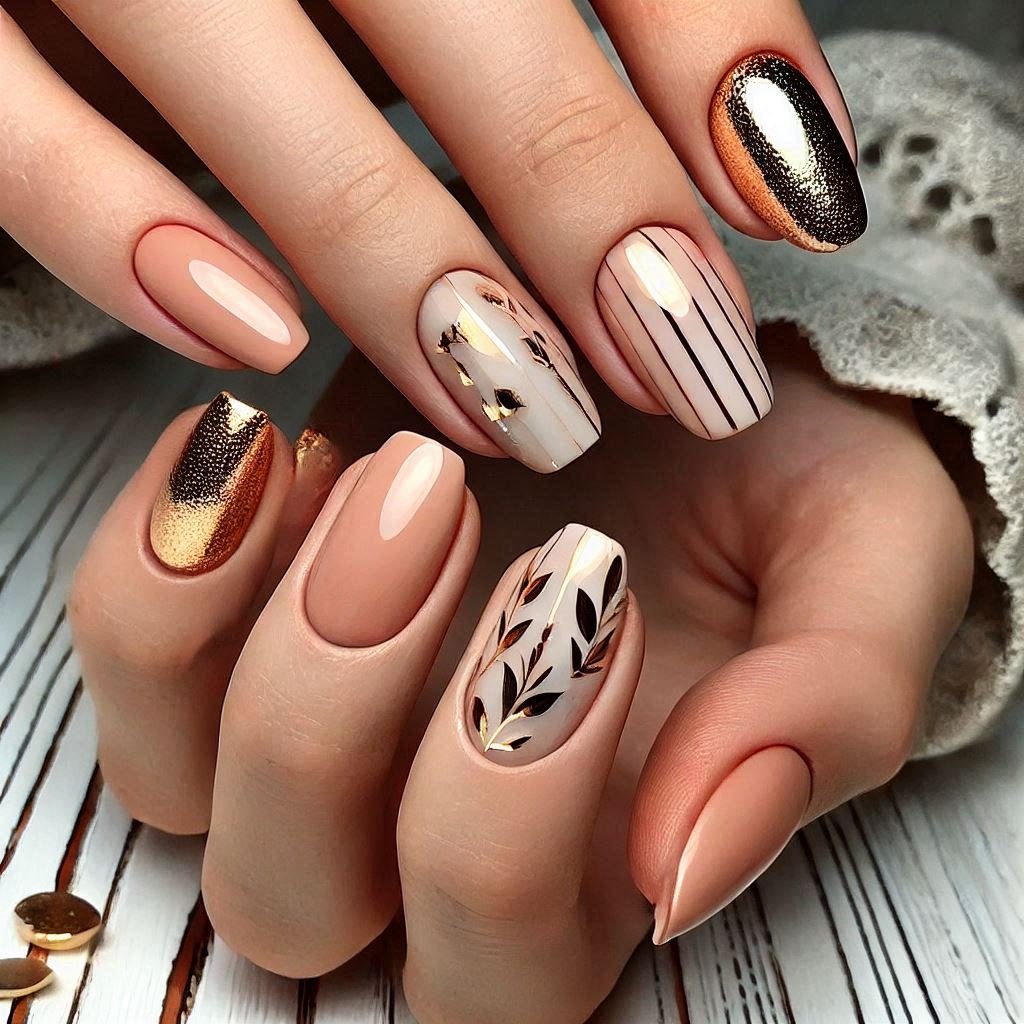 Minimalist Nude & Gold Foil Nails in different angles, February Nail Ideas for Valentine’s Day 2025, Nail Ideas for Valentine’s Day 2025