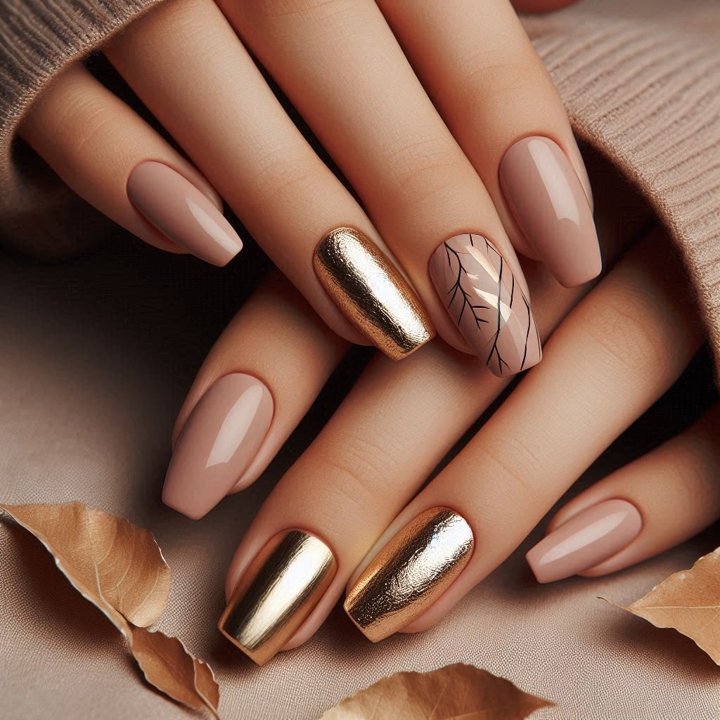Minimalist Nude & Gold Foil Nails in different angles, February Nail Ideas for Valentine’s Day 2025, Nail Ideas for Valentine’s Day 2025