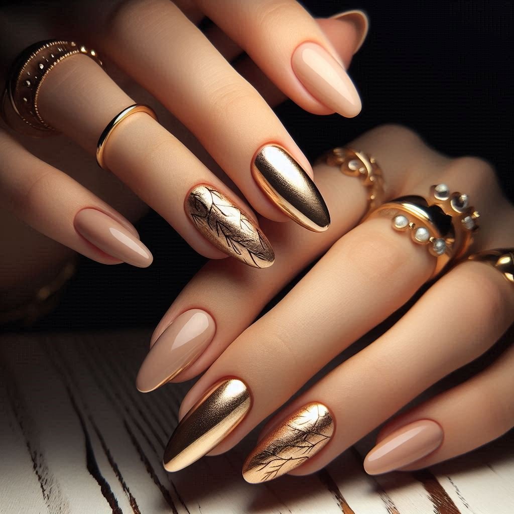 Minimalist Nude & Gold Foil Nails in different angles, February Nail Ideas for Valentine’s Day 2025, Nail Ideas for Valentine’s Day 2025