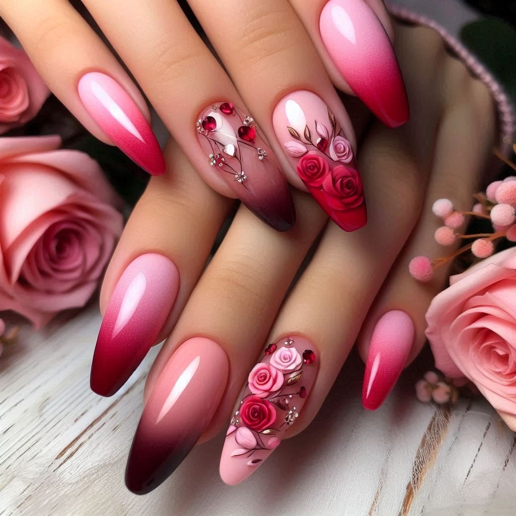 Ombre Pink & Red Nails, February Nail Ideas for Valentine’s Day 2025, Nail Ideas for Valentine’s Day 2025