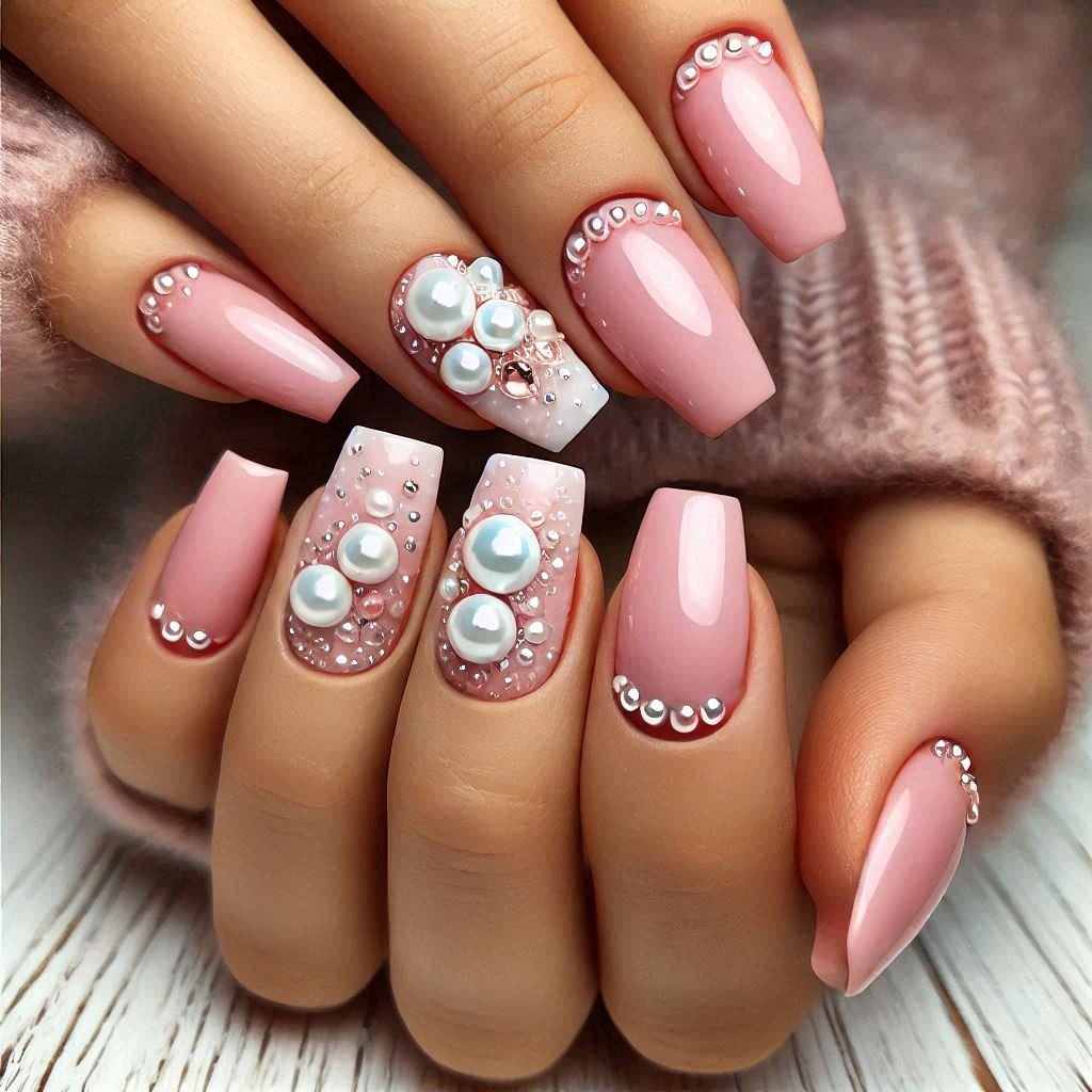 Pearl-Embellished Soft Pink Nails nail art design for Valentines day theme, February Nail Ideas for Valentine’s Day 2025, Nail Ideas for Valentine’s Day 2025