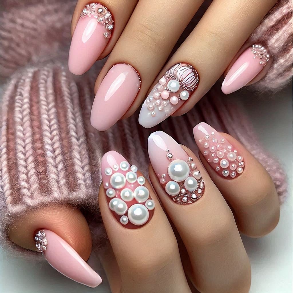 Pearl-Embellished Soft Pink Nails nail art design for Valentines day theme, February Nail Ideas for Valentine’s Day 2025, Nail Ideas for Valentine’s Day 2025