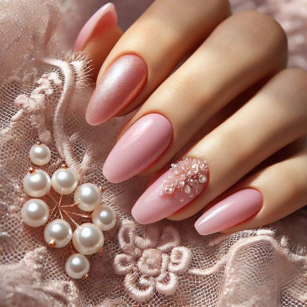 Pearl-Embellished Soft Pink Nails nail art design for Valentines day theme, February Nail Ideas for Valentine’s Day 2025, Nail Ideas for Valentine’s Day 2025