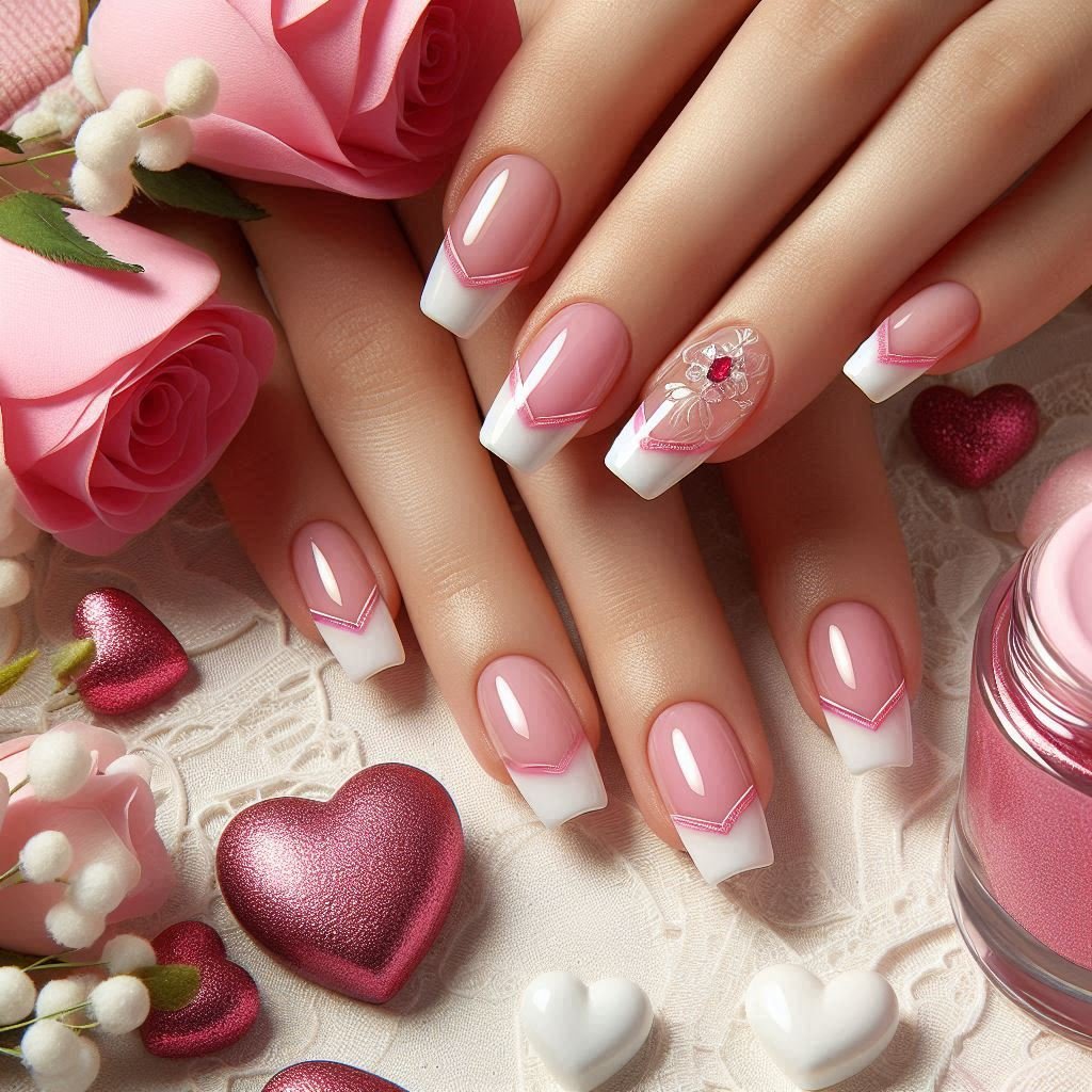Pink & White French Tips Valentines Day theme, february Nail Ideas for Valentine’s Day 2025, Nail Ideas for Valentine’s Day 2025