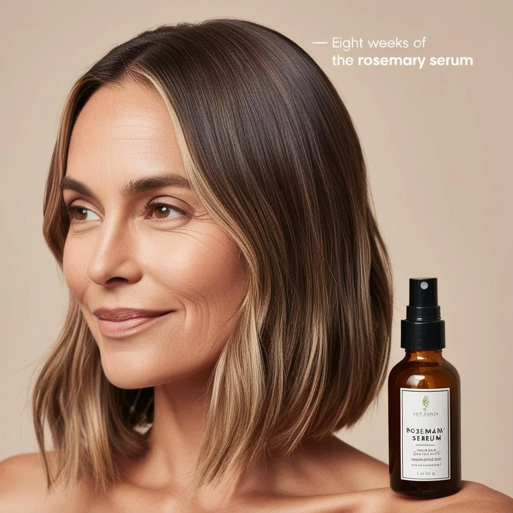 Before/After Image: "Woman with thinning edges applying rosemary serum, showing regrowth progress after 8 weeks."