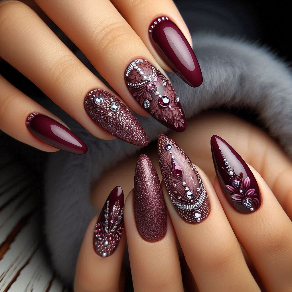 Velvet-Effect Burgundy Nails design, February Nail Ideas for Valentine’s Day 2025, Nail Ideas for Valentine’s Day 2025