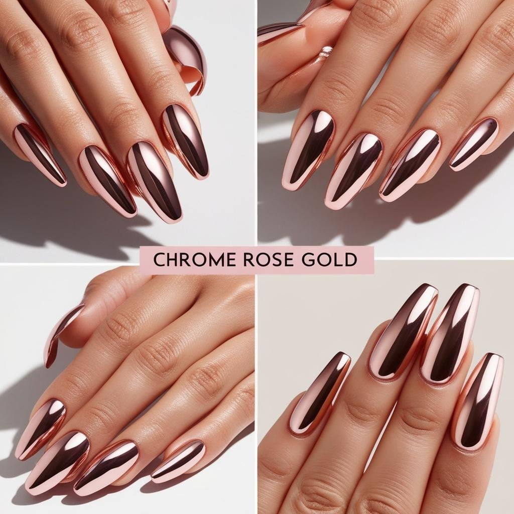 Chrome Rose Gold Nails design in different angles, February Nail Ideas for Valentine’s Day 2025, Nail Ideas for Valentine’s Day 2025