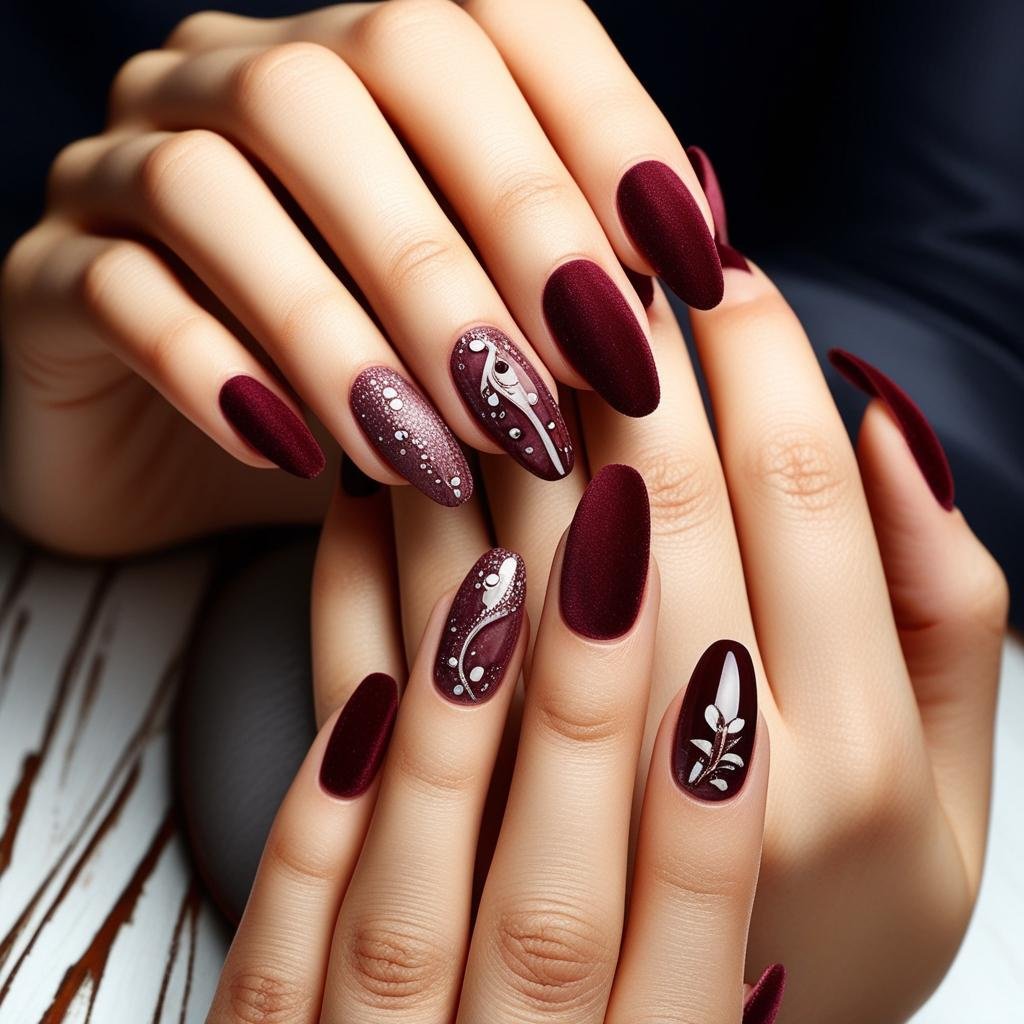 Velvet-Effect Burgundy Nails design, February Nail Ideas for Valentine’s Day 2025, Nail Ideas for Valentine’s Day 2025