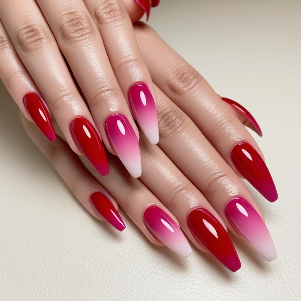 Ombre Pink & Red Nails, February Nail Ideas for Valentine’s Day 2025, Nail Ideas for Valentine’s Day 2025