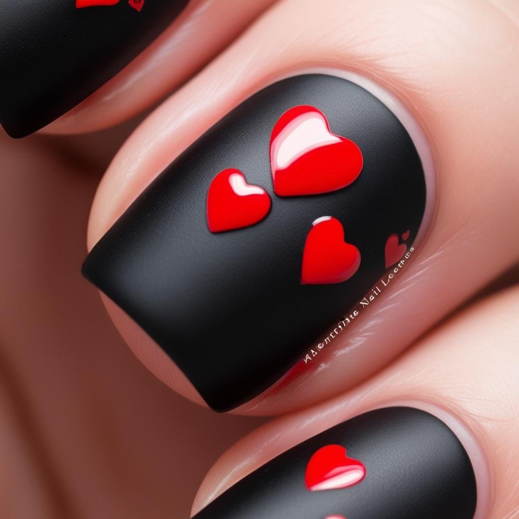 Matte Black with Red Accents Valentines Day nail design (1), February Nail Ideas for Valentine’s Day 2025, Nail Ideas for Valentine’s Day 2025