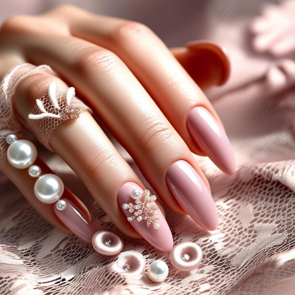 Pearl-Embellished Soft Pink Nails nail art design for Valentines day theme, February Nail Ideas for Valentine’s Day 2025, Nail Ideas for Valentine’s Day 2025